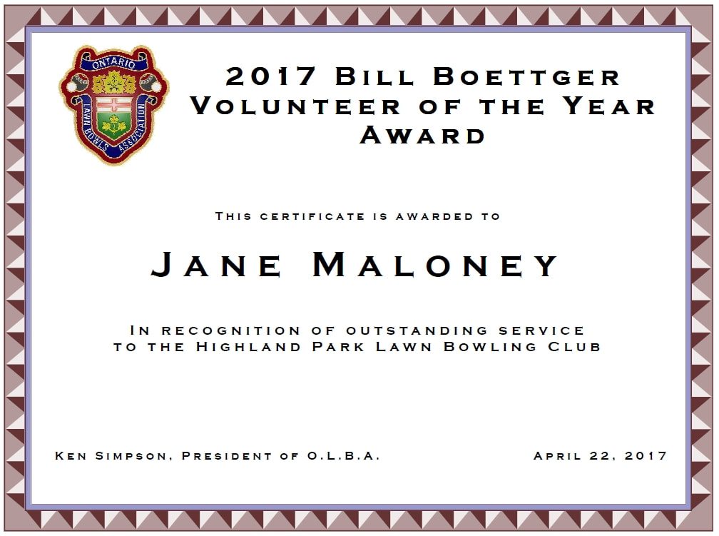 2017 Volunteer of the Year Certificate