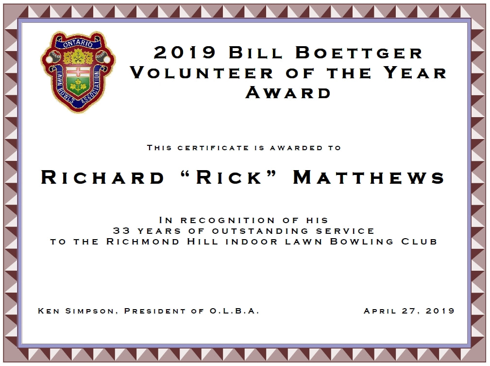 2019 Volunteer of the Year Certificate